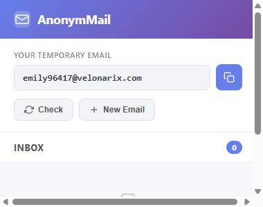 AnonymMail Chrome extension popup showing a temporary email address with Copy, Check and New Email buttons